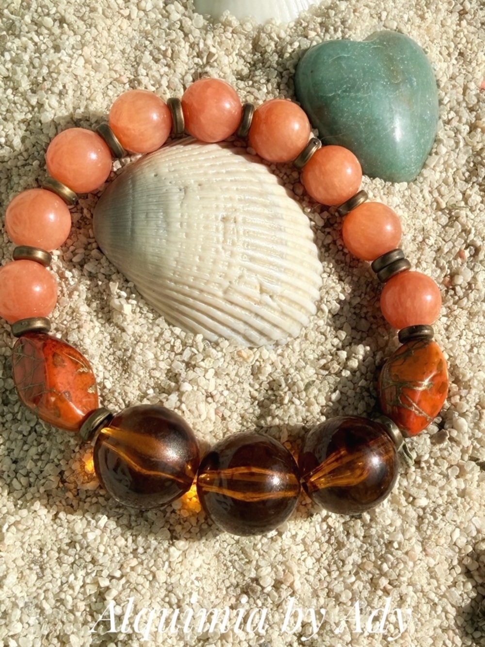 AMBER AND JADE Orange Agate Bead Bracelet with Silver Geometric Accents